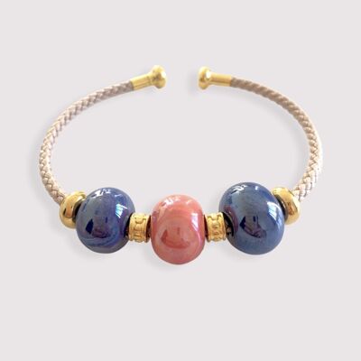 Bracelet orné de perles en céramique émaillée de couleur bleu et rose