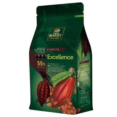 CACAO BARRY - CHOCOLAT DE COUVERTURE NOIR -EXCELLENCE  (cacao 55%)- PISTOLES -  20kg