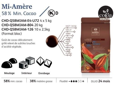 CACAO BARRY - CHOCOLAT DE COUVERTURE NOIR  MI AMERE (cacao 58 %) PISTOLES - 20kg