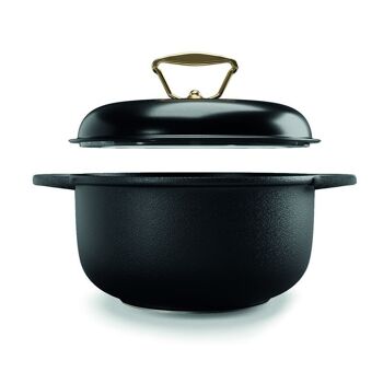 Casserole 28 cm 2mgl INDUCTION fonte h. 10 cm + COUVERCLE EN VERRE NOIR
 + ARMOR + Bouton plaqué or 24 carats 2