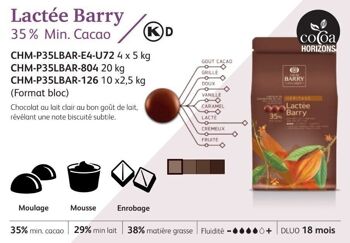CACAO BARRY - CHOCOLAT DE COUVERTURE AU LAIT - Gamme HERITAGE - LACTEE BARRY (cacao 35,3%) PISTOLES  - 20kg 2