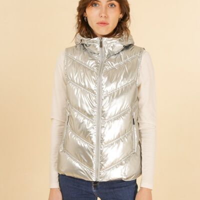 Silver sleeveless down jacket with hood