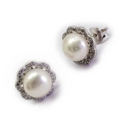 Sterling Silver Flower Earrings with Pearl and Zircons