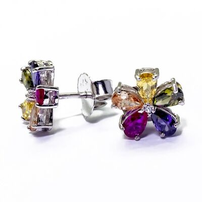 Sterling Silver Rosette Earrings with Multicolor Zirconia