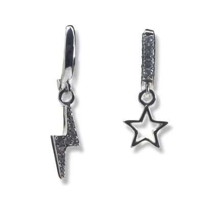 Sterling Silver Hoop Earrings with Lightning and Star