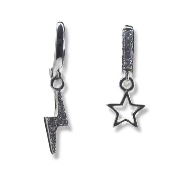 Boucles d'oreilles créoles en argent sterling avec éclair et étoile