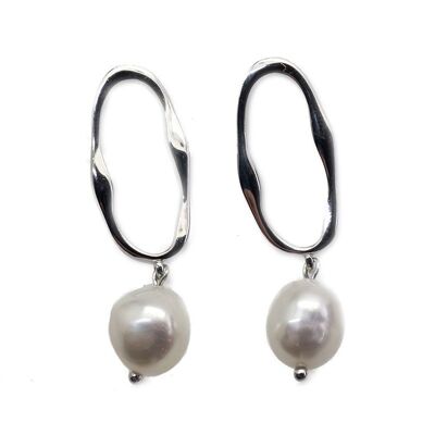 Irregular Oval Sterling Silver Earrings with Cultured Pearl
