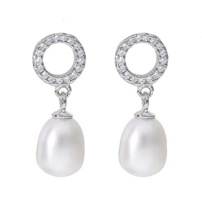 Sterling Silver Zirconia Hoop Earrings with Drop Pearl