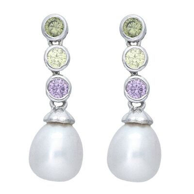 Sterling Silver Trio Zirconia Earrings with Pearl Pendant