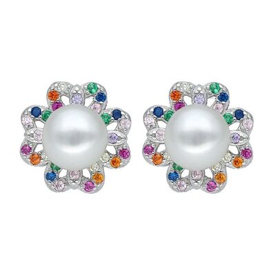 Sterling Silver Multicolor Clover Earrings with Natural Pearl