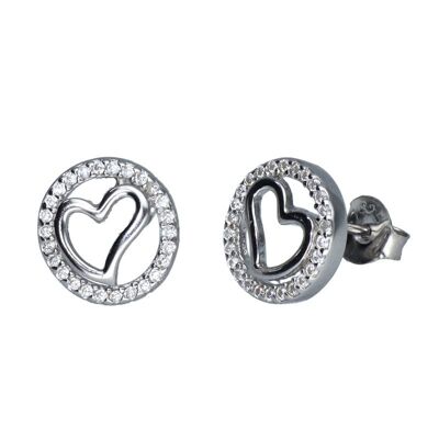 Sterling Silver Circle Earrings with Diamonds and Heart