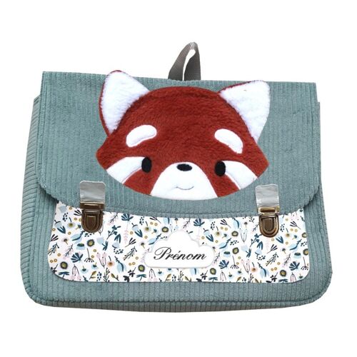 Cartable panda roux velours céladon et fleurs paon