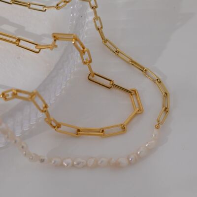 Cadena mixta de eslabones de oro y perlas (chapada en oro de 18 k)