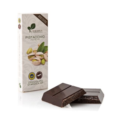 Ciokarrua | Modica Chocolate Pistachio | Processed Raw Chocolate Modica IGP | Lactose Free Chocolate Bar | Chocolate 1 Tablet - 100 Grams