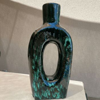 Vase artisanal longiligne, éco-responsable, céramique, vert et bleu 4