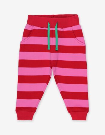 Pantalon bébé rayé en coton bio, rayures roses et rouges 1