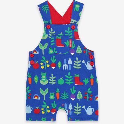 Dungarees, shorts, organic cotton with vegetable garden print