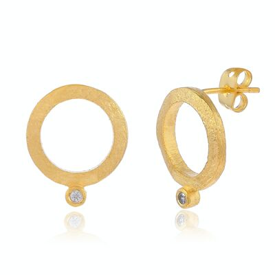 Gold plated earrings.   Zirconia natural stone.   Gift.   Circle.  	Hand made.   Imitation jewelry.   Weddings, guests.