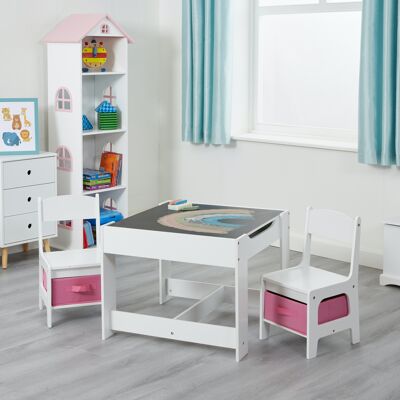 Tavolo e sedie bianchi per bambini con contenitori rosa