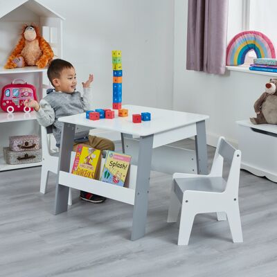 Weißer und grauer Bücherregal-Tisch und Stuhl-Set für Kinder