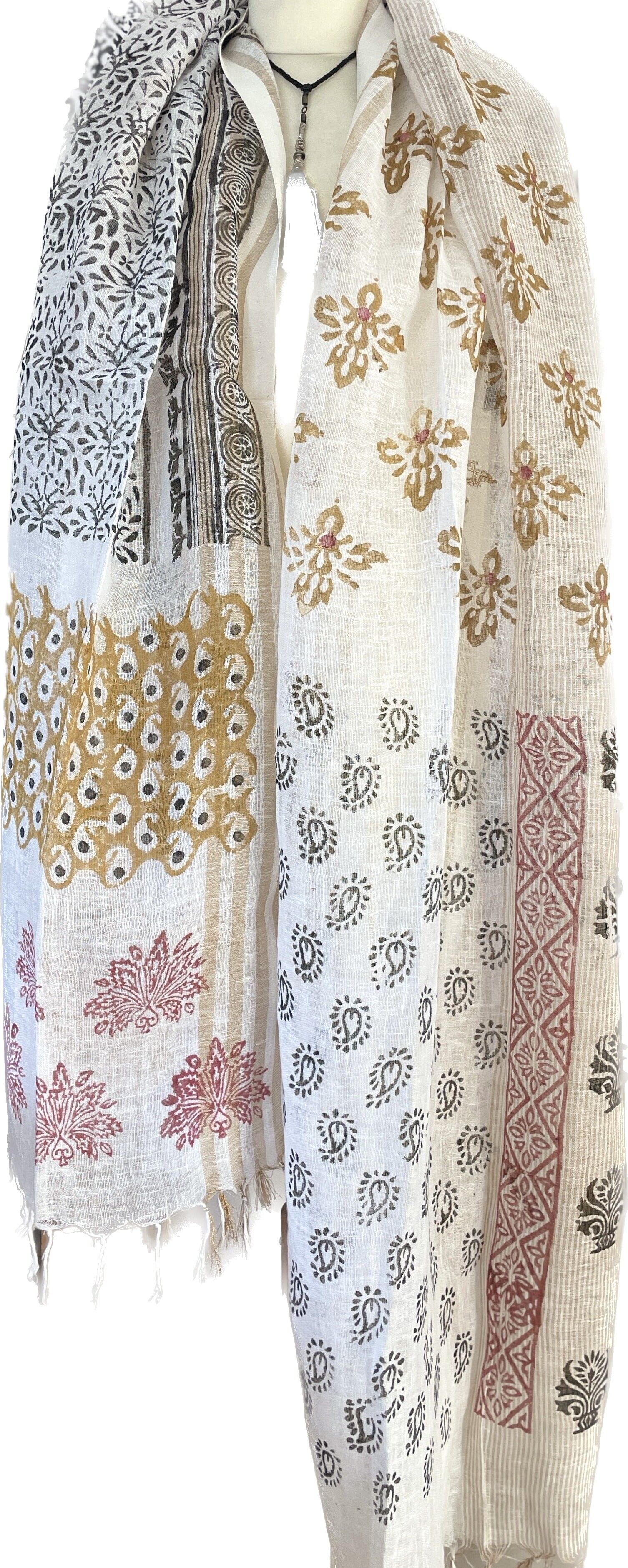 Schleierstola aus schillerndem Leinen mit Blockdruck