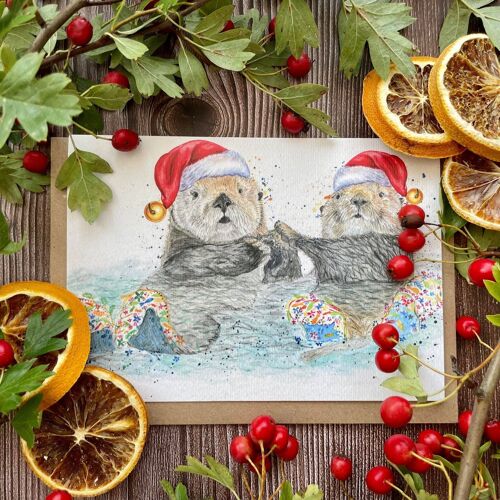 Christmas Otters Nature Eco Friendly Card Colourful Blank Cu