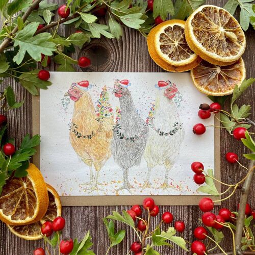 Christmas Hens Nature Eco Friendly Card Colourful Blank Farm