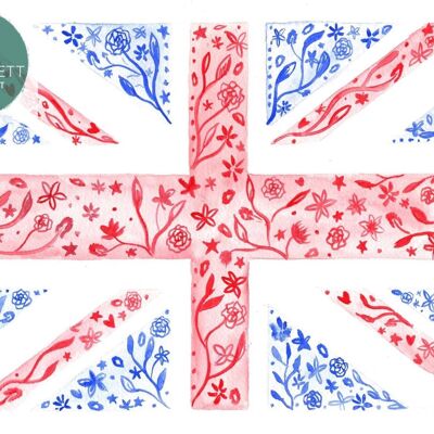 Bandiera del Regno Unito Stampa floreale colorata firmata ad acquerello