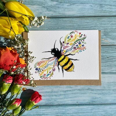 Abeja Eco Amigable Tarjeta Colorido Saludos Naturaleza Blanco