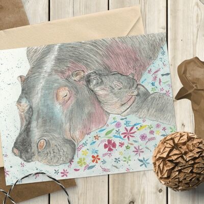 Hippopotames | Carte Eco Friendly Salutations Colorées Animal Blanc