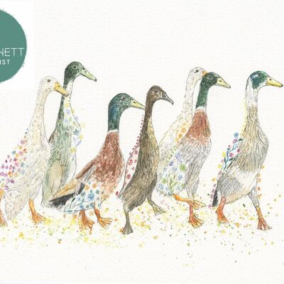 Patos en fila firmado arte impresión granja campo corredor pato