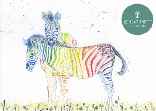 Zebras Signed Watercolour Art Animal Print Safari Colourful
