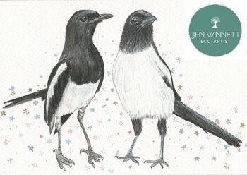 Magpies Two for Joy Signé Aquarelle Art Animal Print Oiseau 1