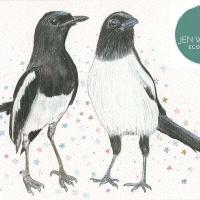 Magpies Two for Joy Firmado Acuarela Arte Animal Print Bird