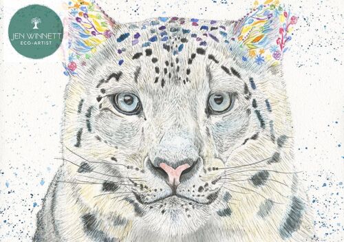 Sapphire the snow leopard Signed watercolour art