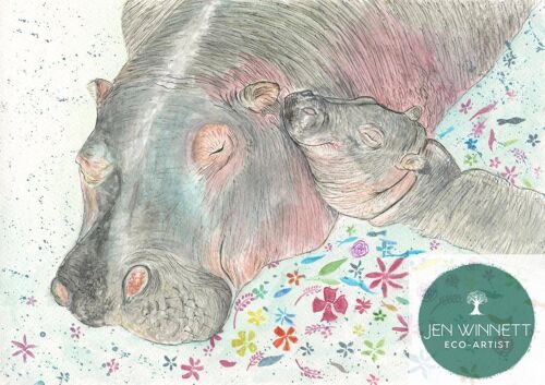 Hilda and Humphrey the Hippos Signed watercolour art print