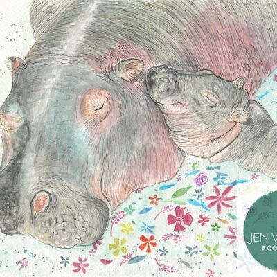 Hilda und Humphrey the Hippos Signierter Aquarell-Kunstdruck