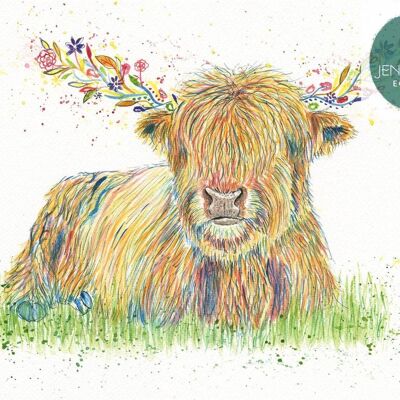 Hagrid the Highland Cow ha firmato la stampa d'arte dell'acquerello