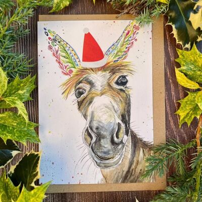 burro | Tarjeta de Navidad ecológica colorida en blanco divertida