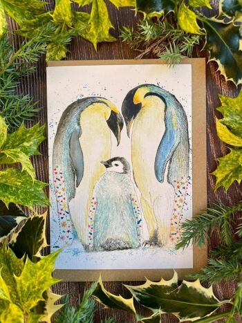 Famille Pingouin | Carte Eco Friendly Salutations Colorées Mignon