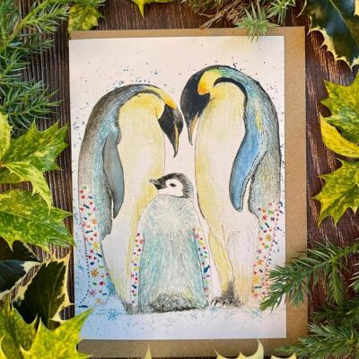 Famille Pingouin | Carte Eco Friendly Salutations Colorées Mignon