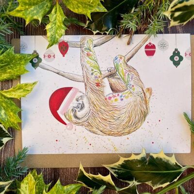 Paresseux | Carte de Noël écologique mignon blanc coloré