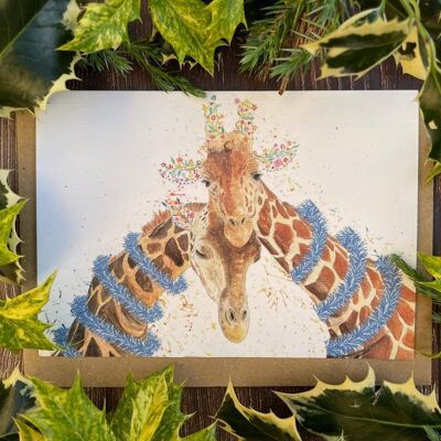 Carte écologique de Noël de girafe vide à l'intérieur de la couleur mignonne