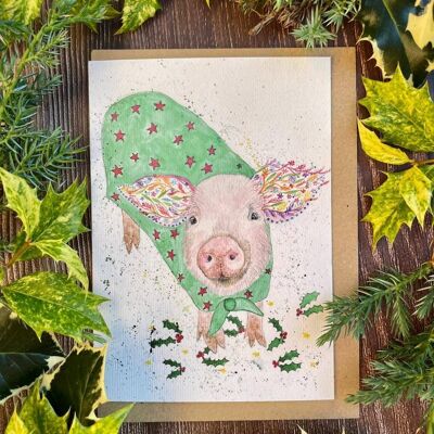 Cerdo en una manta Tarjeta ecológica de Navidad en blanco