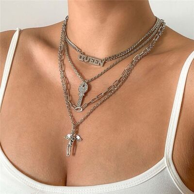 Lettre Clé Ange Pendentif Collier Ensemble