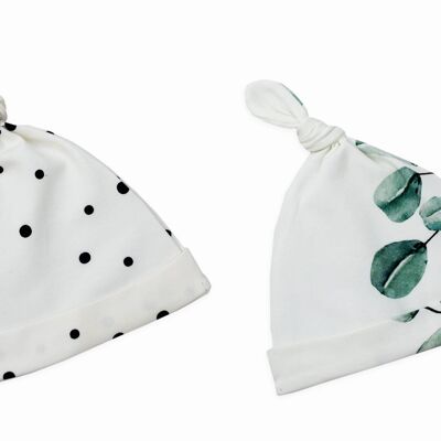 Lot de 2 bonnets bébé 2-4 Pois Noirs/Eukaliptus