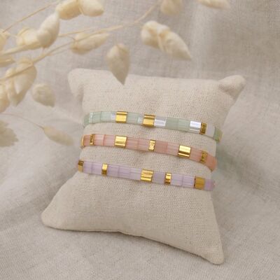 Set mit 3 pastellfarbenen MIYUKI-Armbändern (Wassergrün, Koralle und Lila)