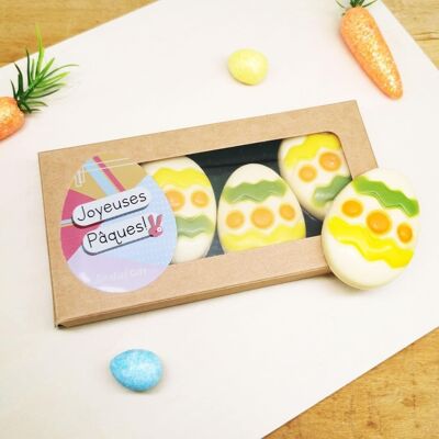 Huevos de Pascua decorados chocolate blanco - Felices Pascuas x4