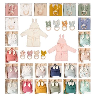 RABBIT PACK Assortment of 34 pieces: Birth box, children's backpack, Montessori teething ring, bathrobe