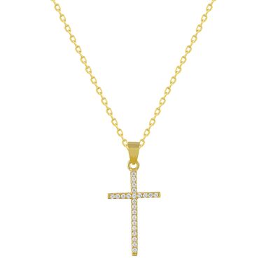 Silver and gold necklace with cross and zircons